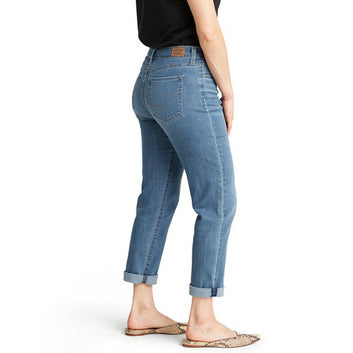 Women modern slim straight cuffed light blue stretchable jeans